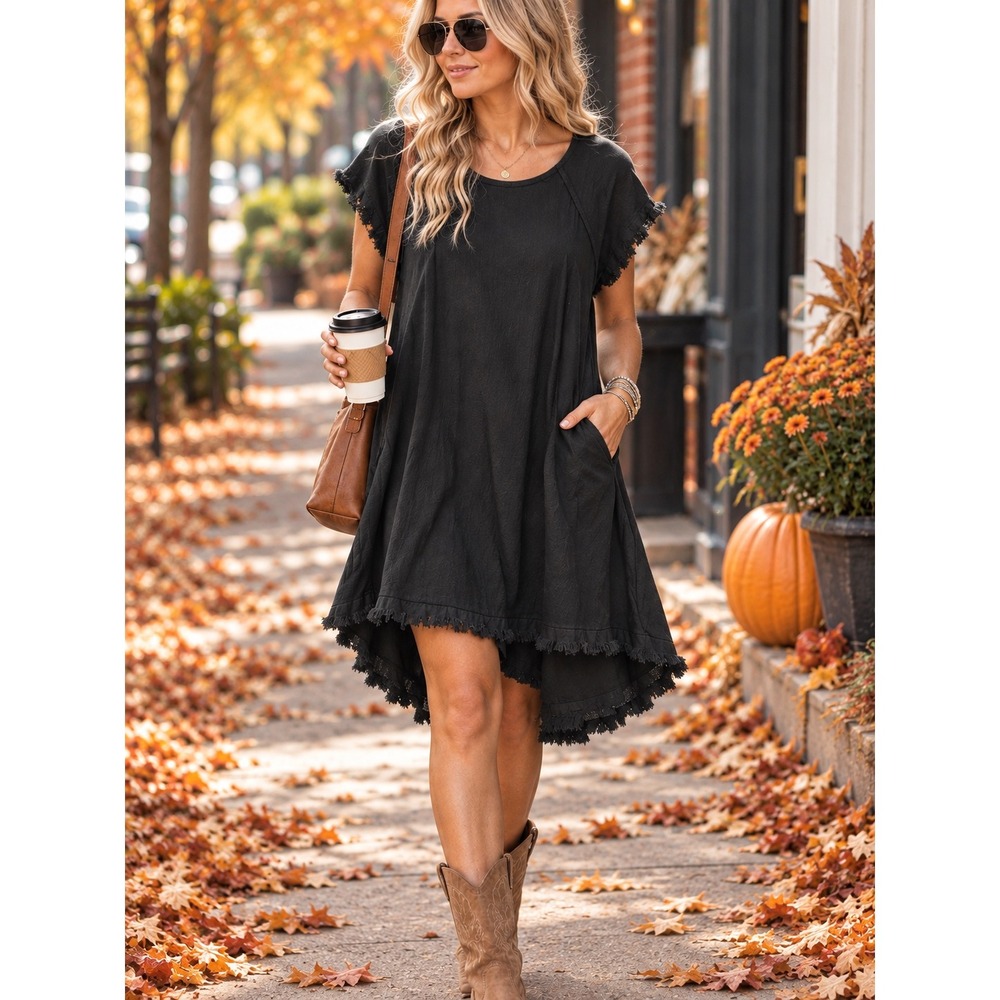 Umgee USA Black Linen Blend Frayed High Low Shift Dress XL